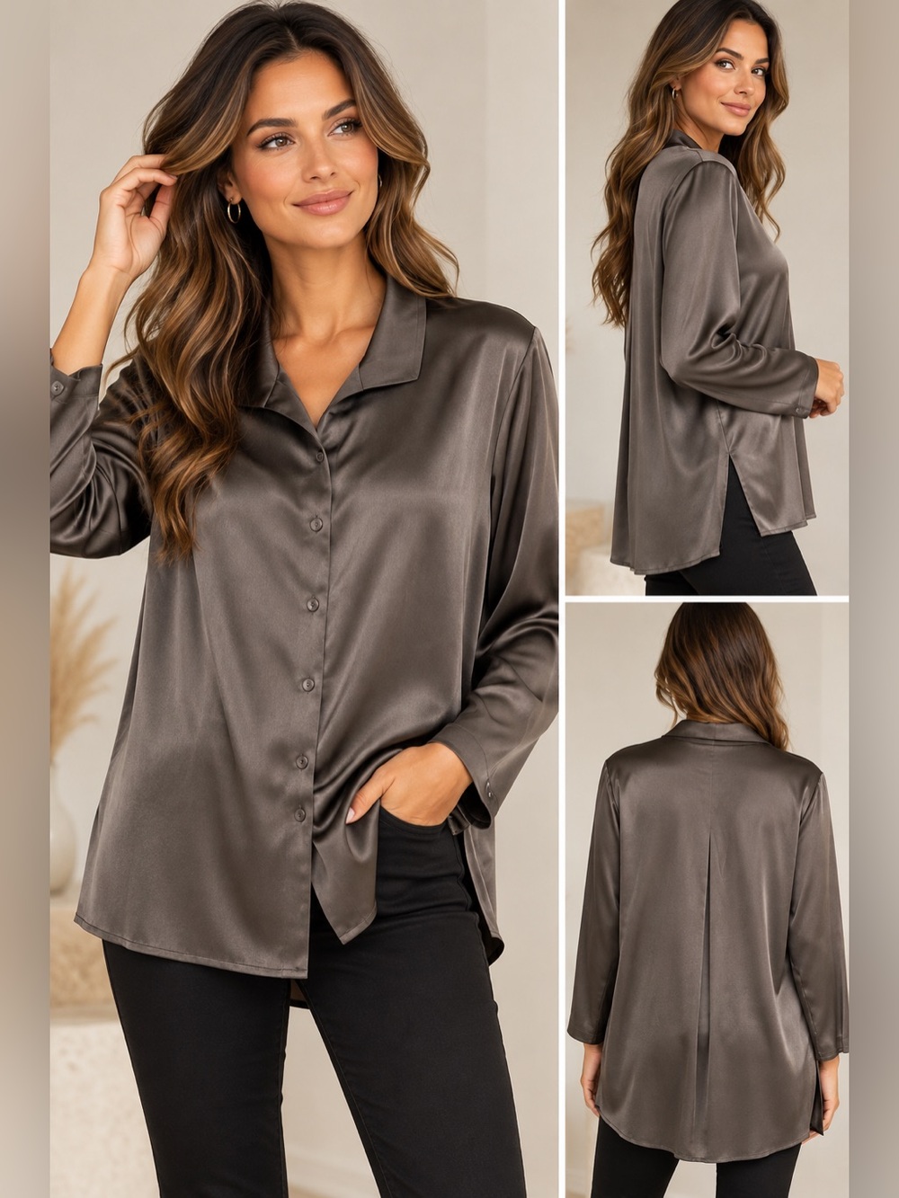 Eileen Fisher 95% Silk Charcoal Button Down Tunic Blouse Top Size L